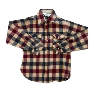 Vintage 70s Woolrich For Woman Tan Maroon And Blue Plaid Wool Button Down Shirt